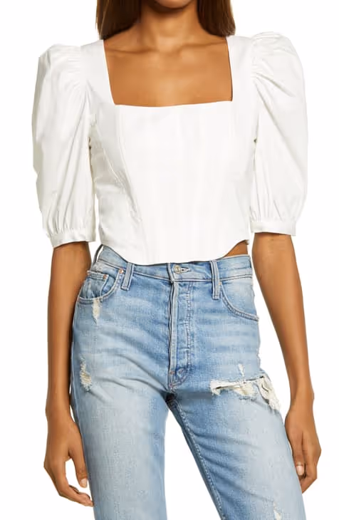Square neck top blouse with puffy sleeves in white