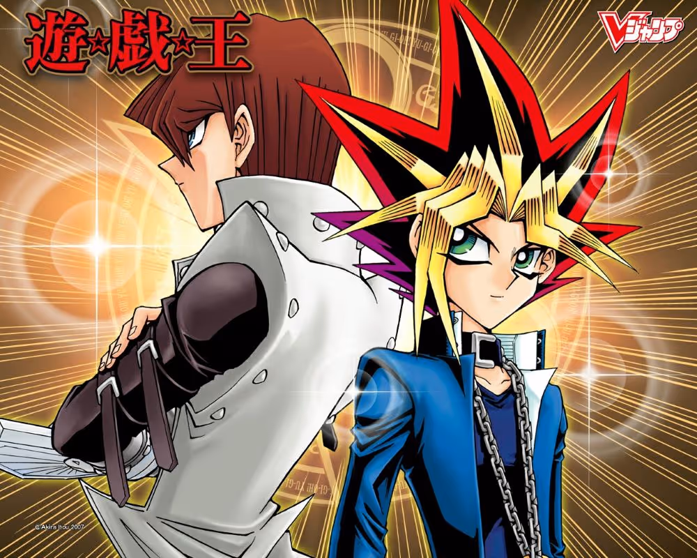 Yugi Moto and Seto Kaiba standing back to back.