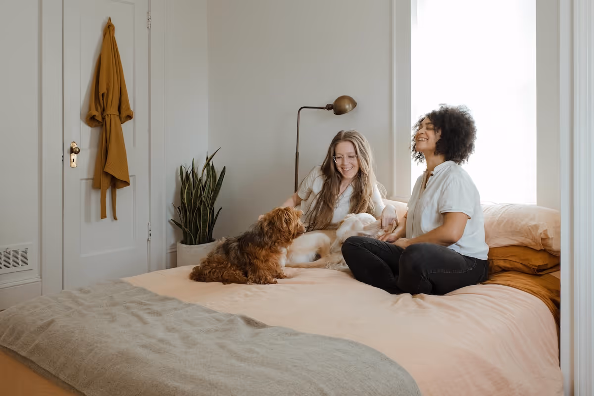Couple sits on bed smiling and petting two dogs