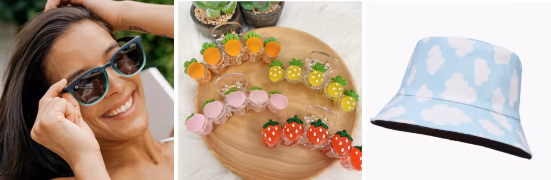 essential vacation accessories: sunglasses, claw clips, bucket hat