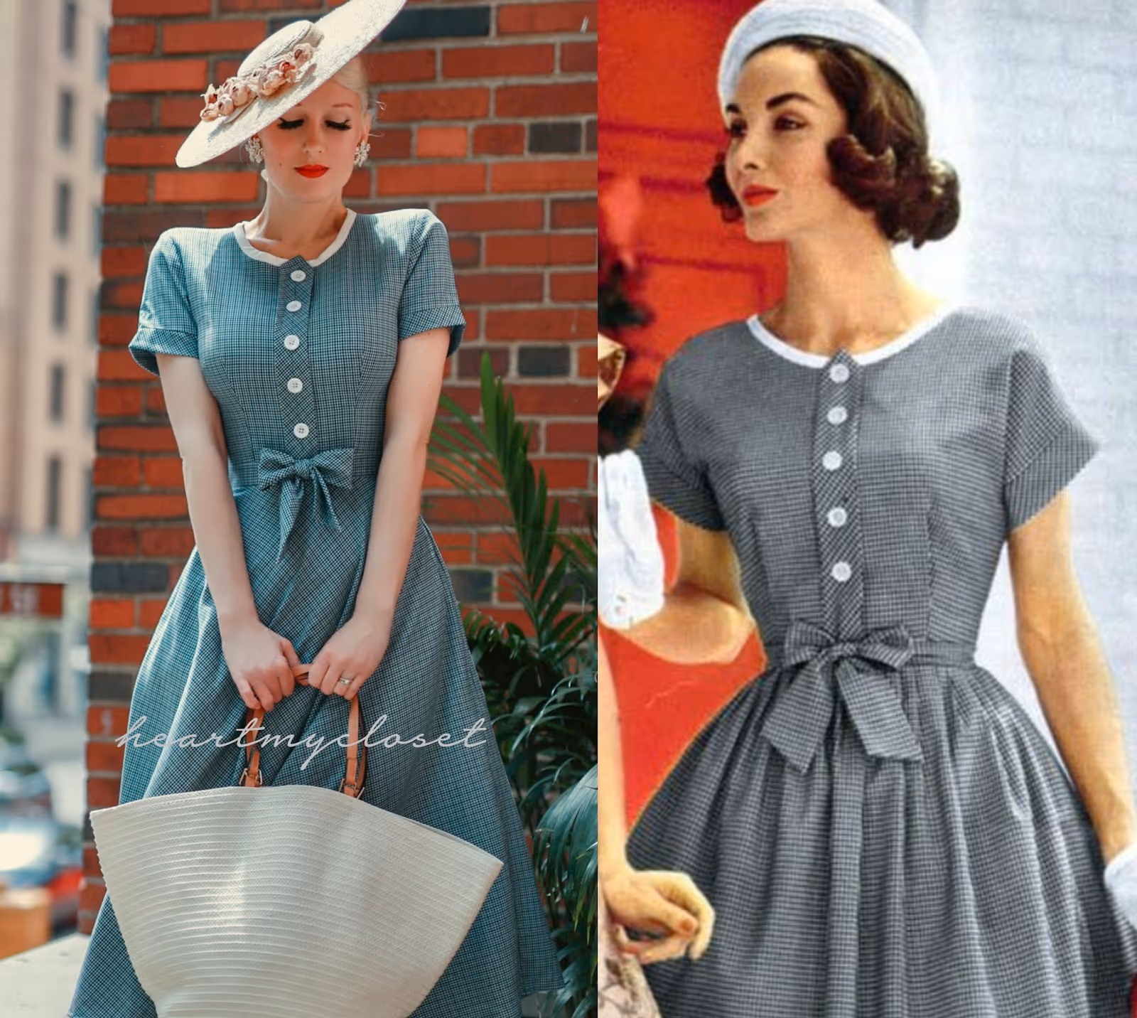 Two ladies wearing vintage dresses and hats.