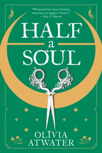 green book cover for Half a Soul featuring a golden crescent moon that opens up with a pair of ornate silver scissors centered over the bottom arc