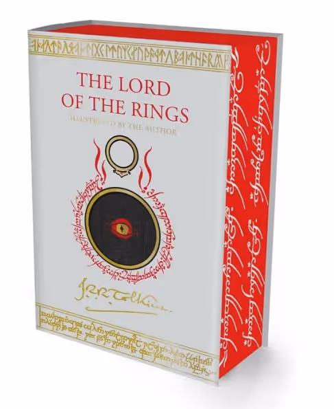 beautiful edition of The Lord of the Rings with elvish writing on the side of the book and a cover featuring the ring and eye of sauron
