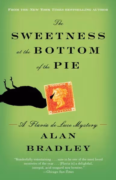 Flavia de Luce Mysteries series #1 cover The Sweetness at the Bottom of the Pie featuring a british postal stamp and a black bird lying on its back against a green background