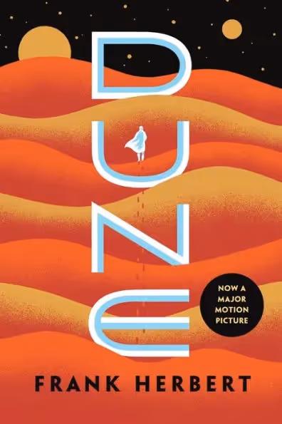 abstract dune book cover showing a white cloaked figure walking through waving red sand dunes toward a star flecked horizon