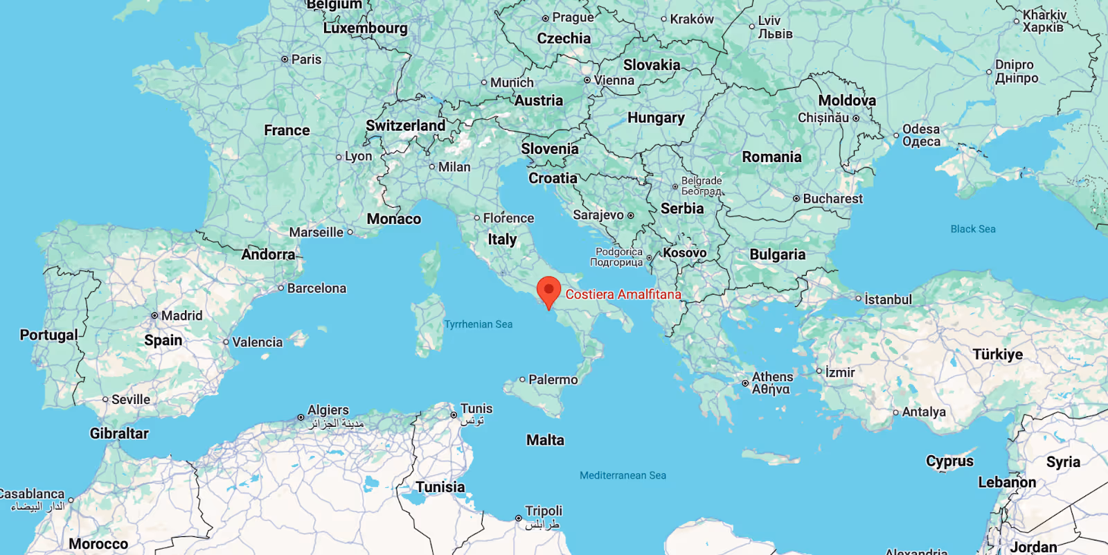 Amalfi Coast on a map of Europe