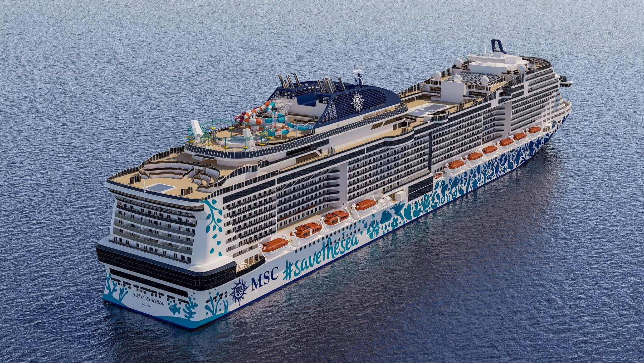 An MSC cruise ship with “#SaveTheSea” painted on the side, amidst blue flowers. Text reformatted for screen reader legibility.