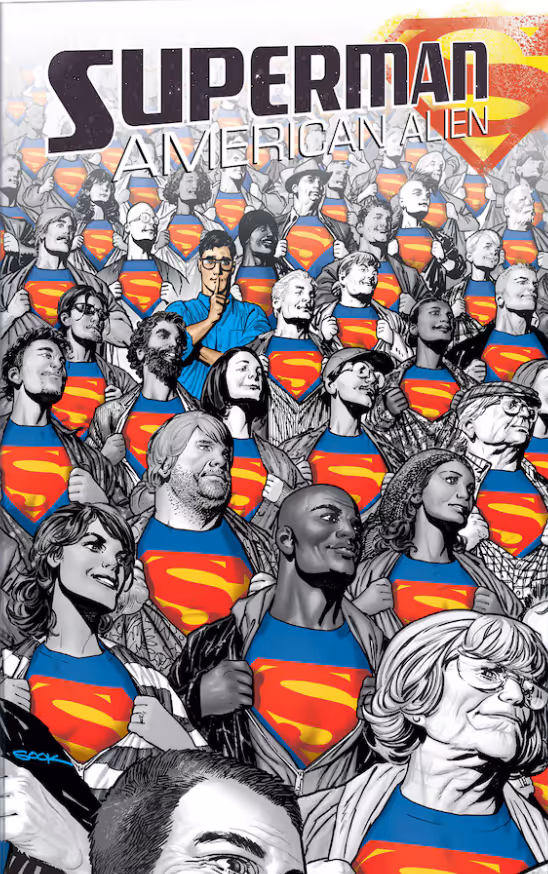 Superman American Alien cover featuring dozens of citizens pulling open their jackets to reveal a Superman S in his iconic pose while unassuming Clark Kent stands in their midst