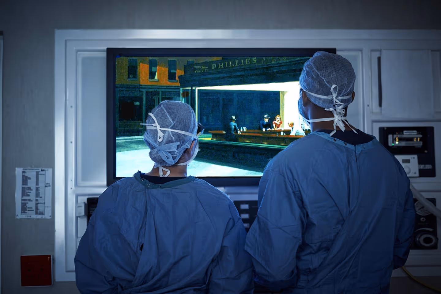 two physicians in their surgical blues examine Edward Hopper's iconic painting Nighthawks