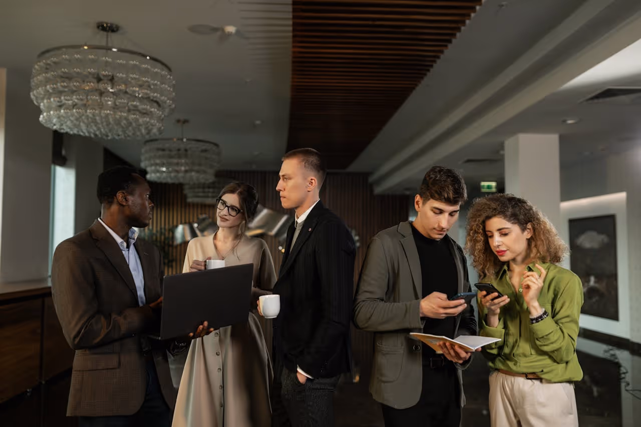 Group of business professionals with MBA conferring and networking