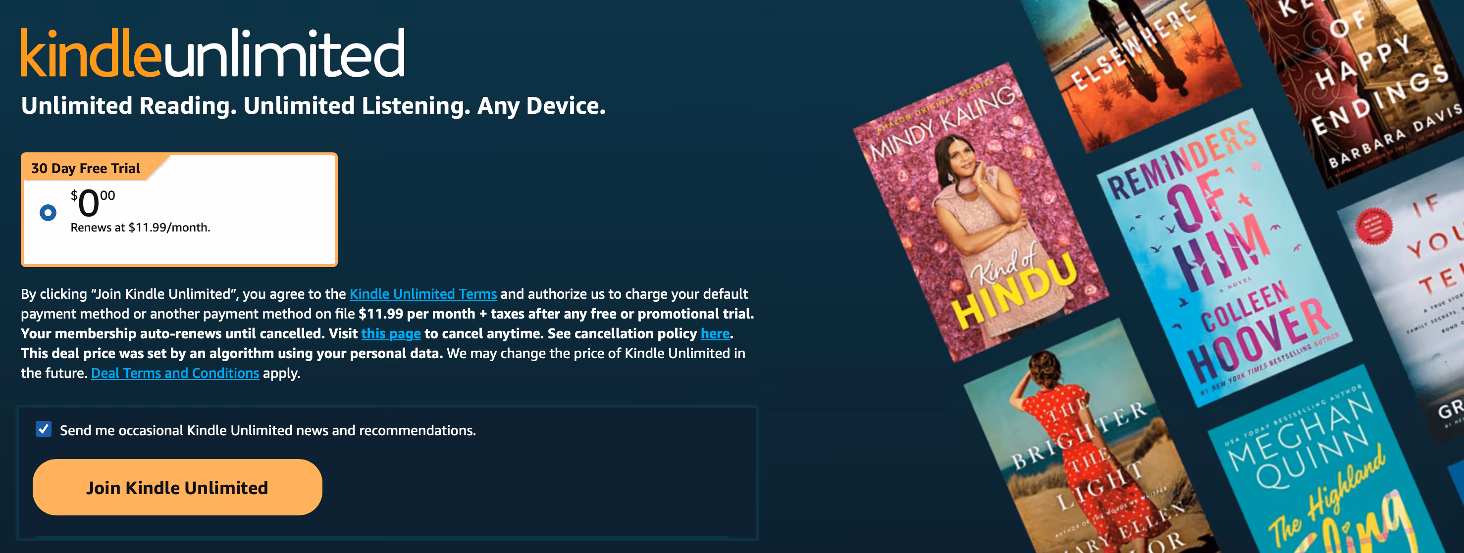 Kindle Unlimited signup offer of a 30 day free trial and then renewal at $11.99/month