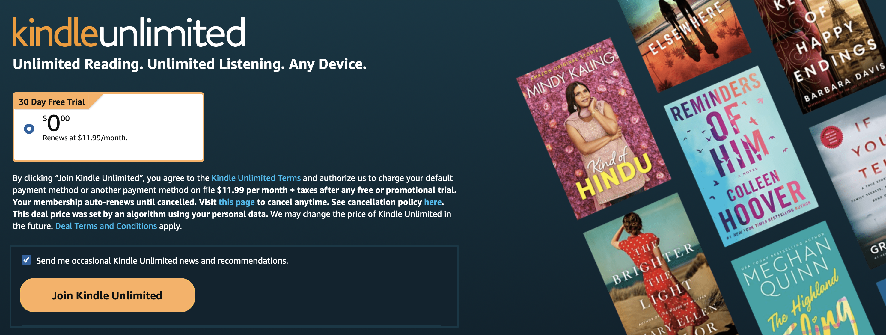 Kindle Unlimited signup offer of a 30 day free trial and then renewal at $11.99/month