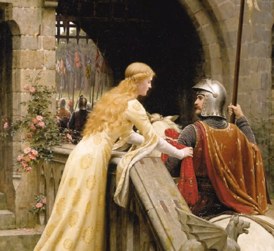 Painting of a maiden tying a red scarf to a knight's arm as he follows his fellows out the castle gate to battle