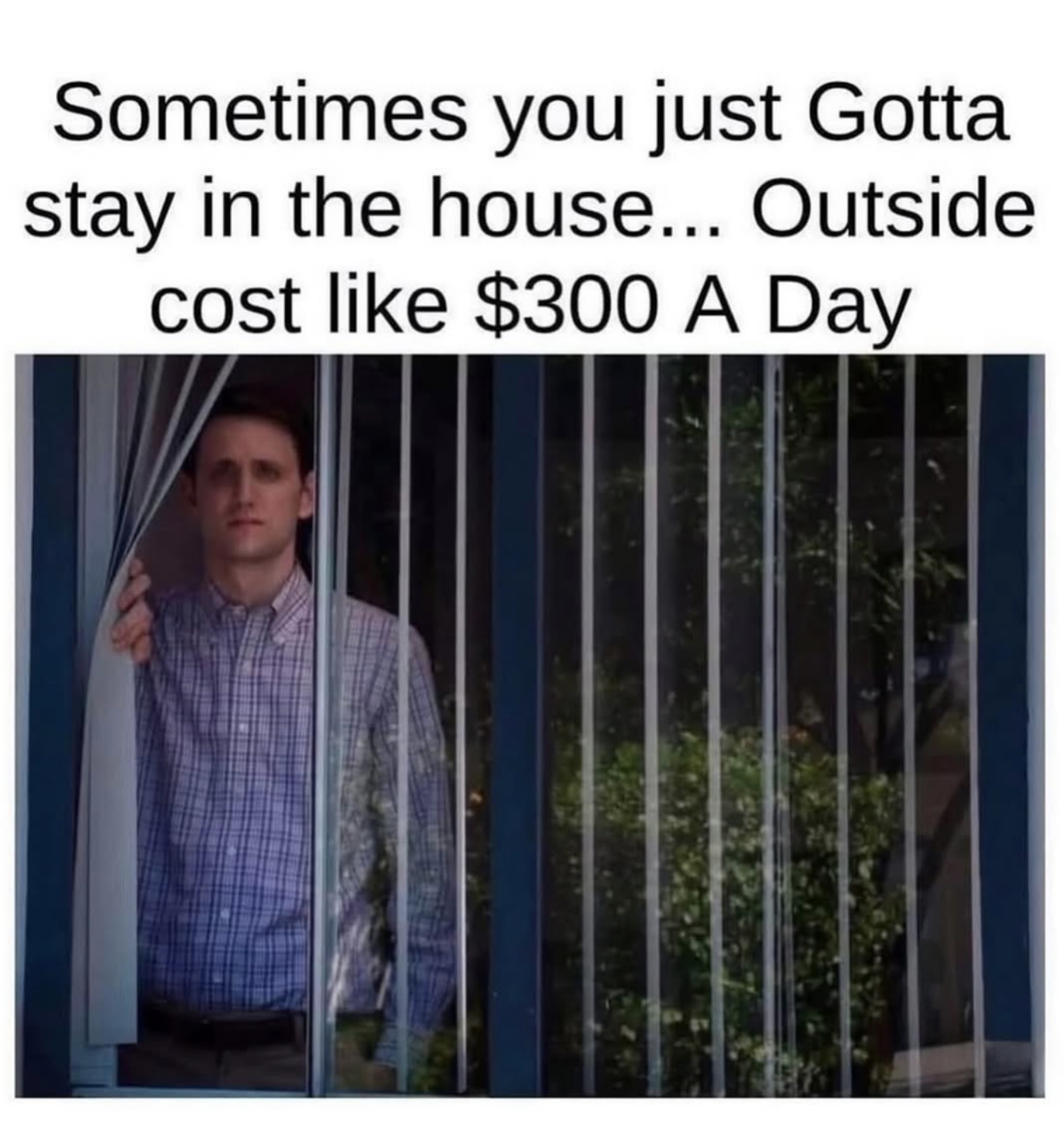 The Office adulting meme of Gabe peeking out a window that says sometimes you just gotta tay in the house... Outside cost like $300 a day