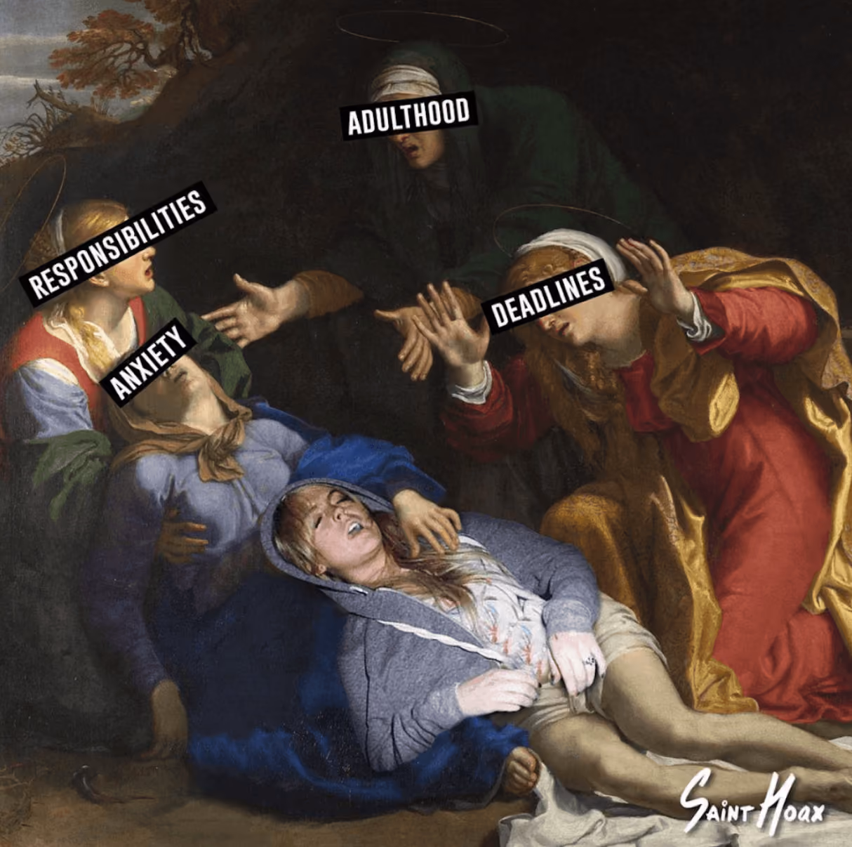 Painting of four women huddled around an overlaid image of a sleeping Lindsay Lohan. The women around her have text over their faces saying, "Responsibilities," "Anxiety," "Adulthood," and "Deadlines."