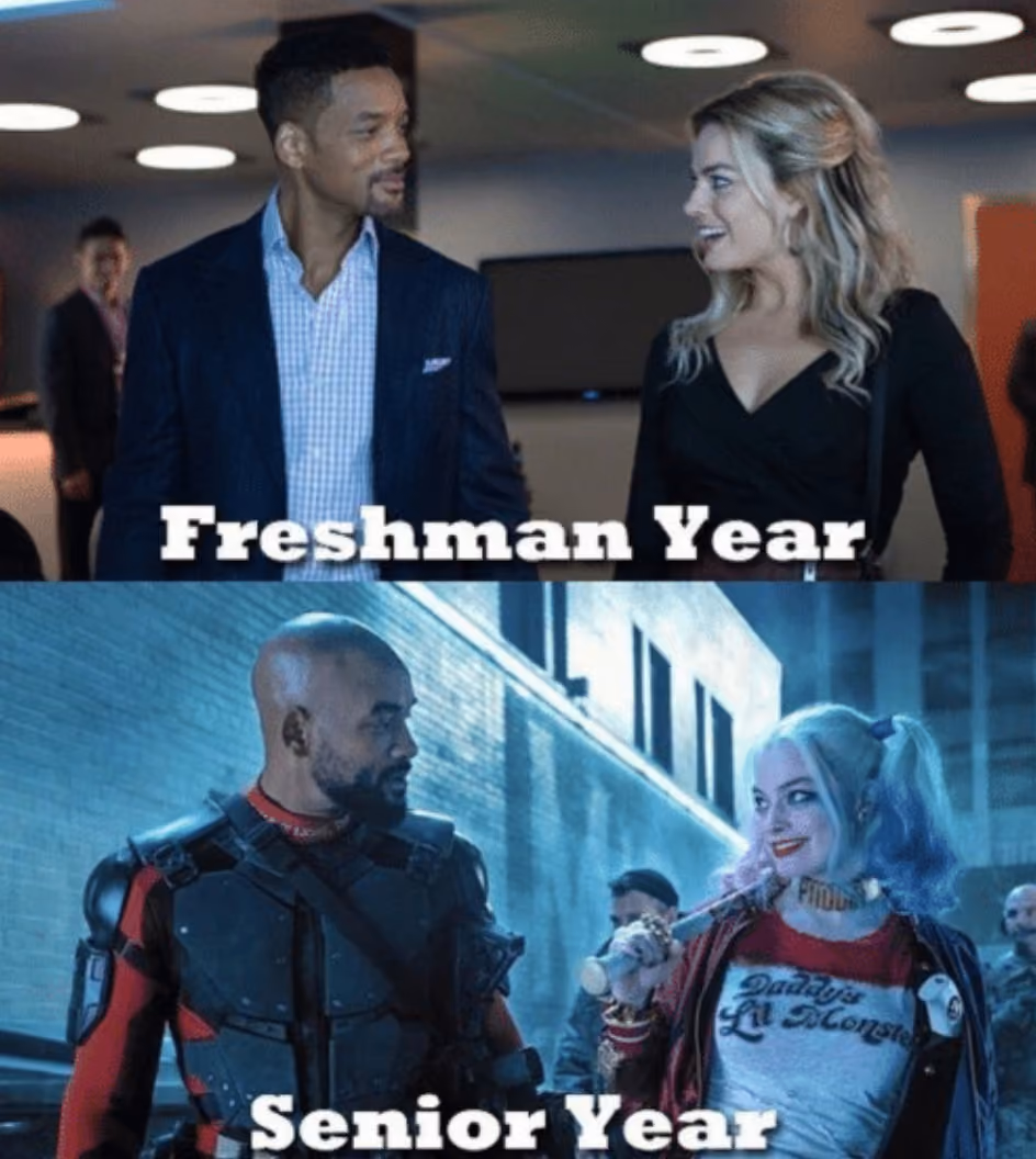 Will Smith and Margo Robbie wearing professional attire representing freshman year vs. Margot Robbie and Will Smith in the Suicide Squad after a battle representing surviving senior year