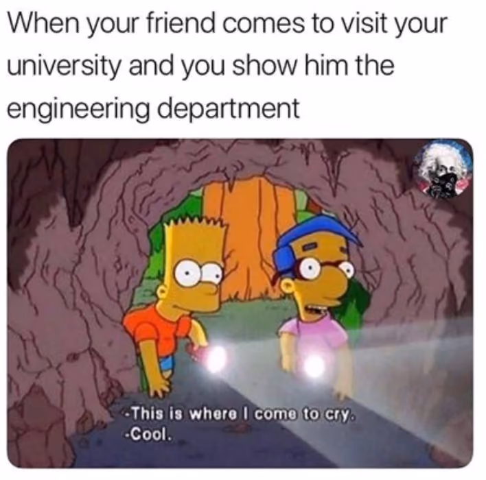 when your friend comes to visit your university and you show him the engineering department meme bart simpson showing millhouse the cave where he goes to cry