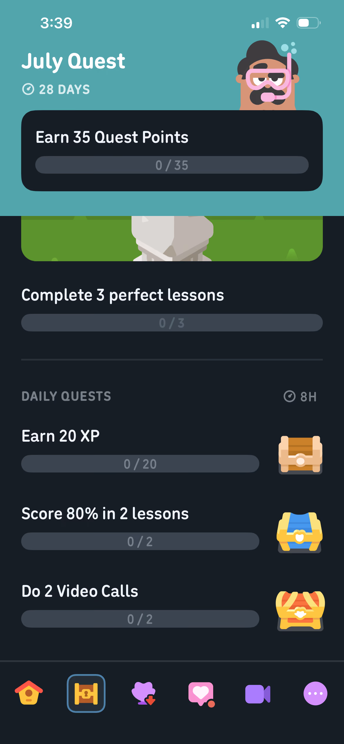 Duolingo Quest tracking screen to incentivize daily language practice