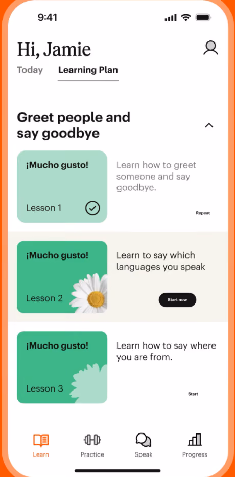 Example of Babbel custom learning plan showing upcoming language lesson tailored to the learner's goals