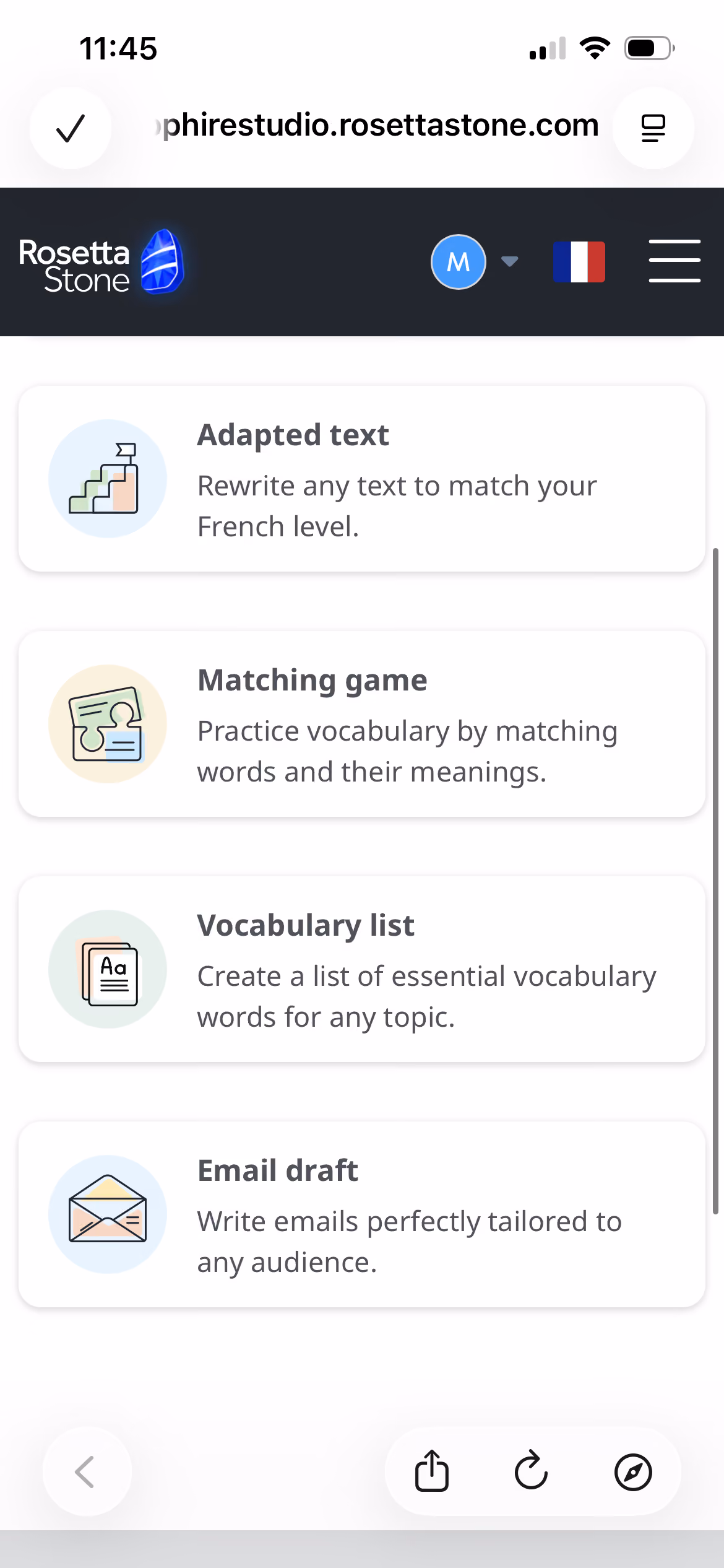 Rosetta Stone Sapphire's Sapphire Studio Menu offerings, launched in a web-based overlay in the app rather than native functionality