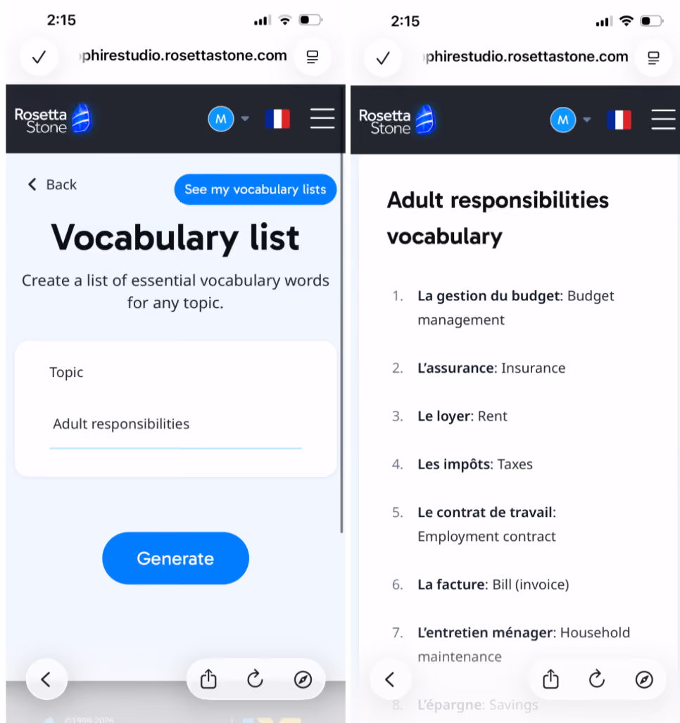 Prompt and response asking Rosetta Stone Sapphire to generate a vocabulary list for the topic adult responsibilities