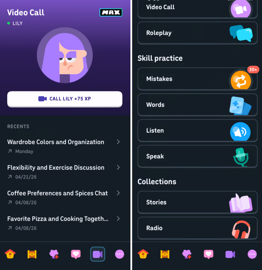 composite image showing Duolingo Video Call with Lily and other practice hub language review options