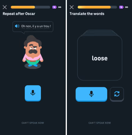 Composite image showing two different speaking exercises in Duolingo