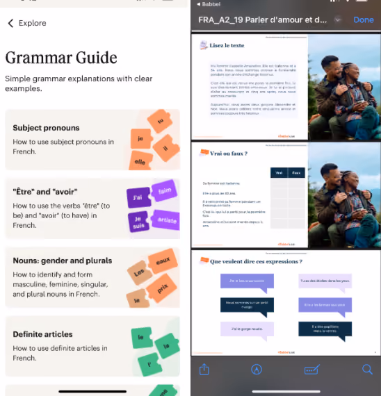 Grammar Guides in Babbel alongside a PDF breaking down complex grammar topics