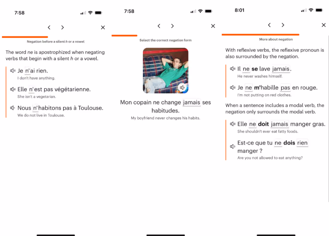 Composite image showing fill in the blank grammar exercises in the Babbel language app