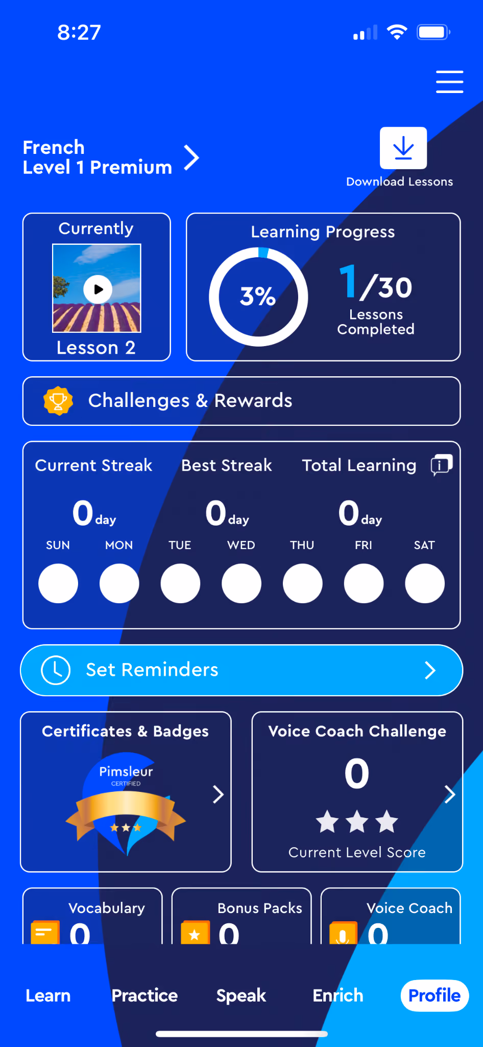 Pimsleur language app homescreen