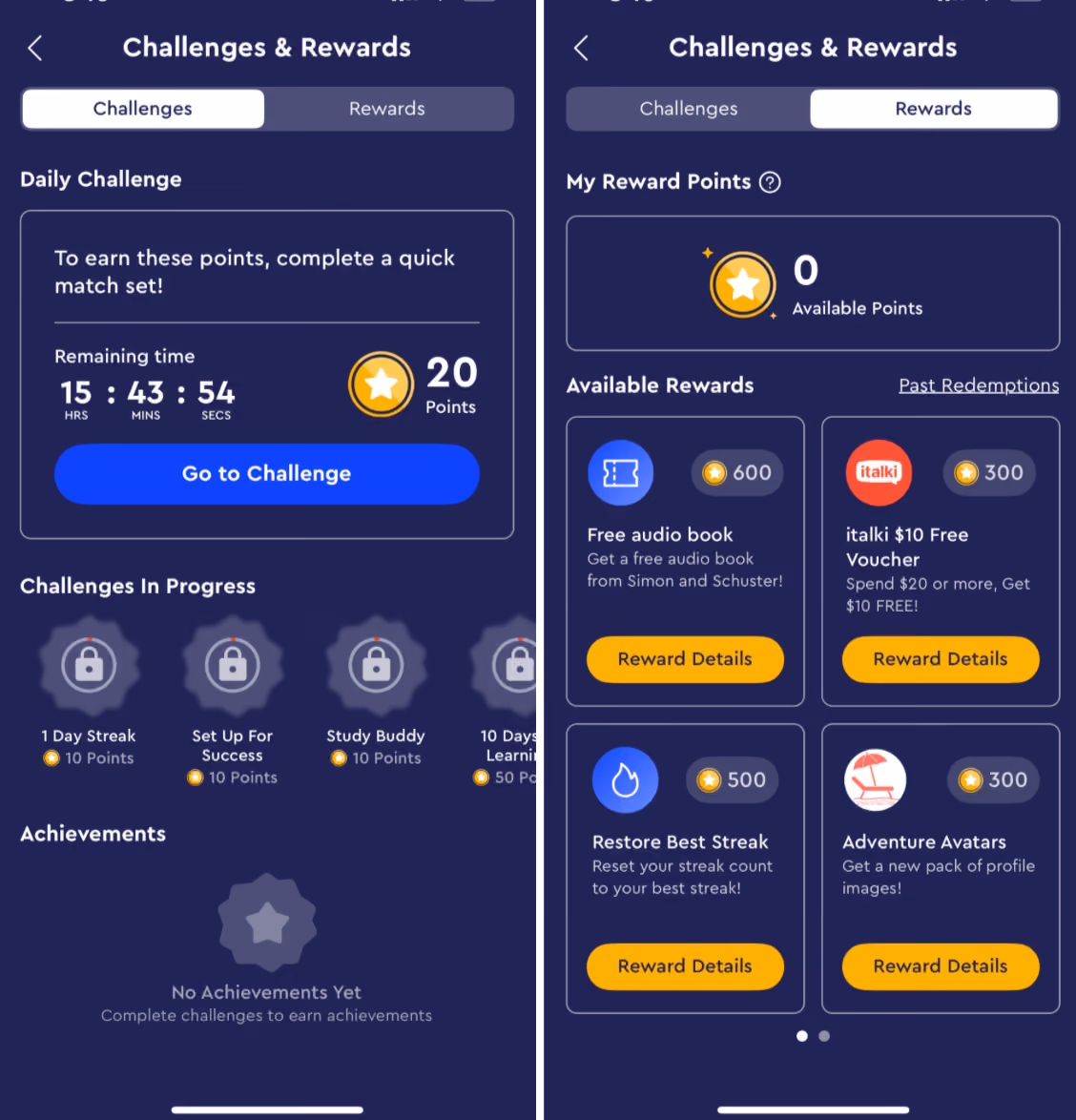 Challenges and rewards in the Pimsleur app