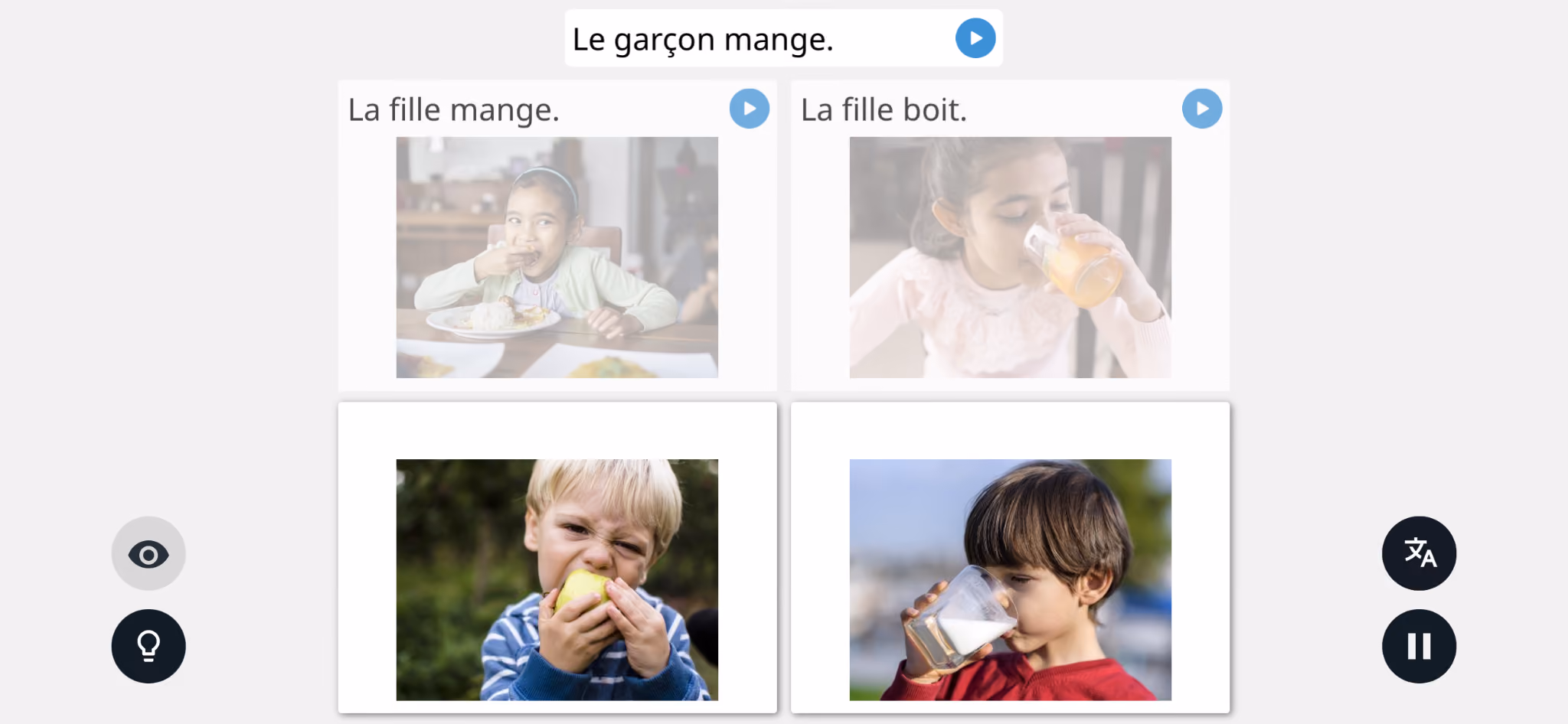 More complex Rosetta Stone Classic lesson matching a whole sentence to a photo that matches the scene described