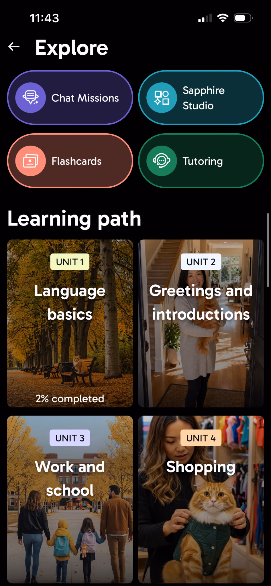 Rosetta Stone Sapphire menu featuring Chat Missions, Flashcards, Tutoring, and Sapphire Studio along with thumbnails to jump to different units on the path