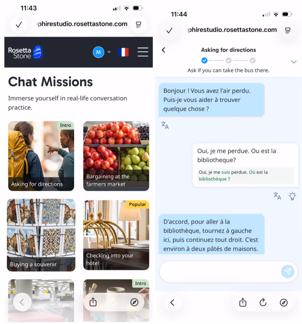 Example immersive chatbot Chat Missions in Rosetta Stone Sapphire