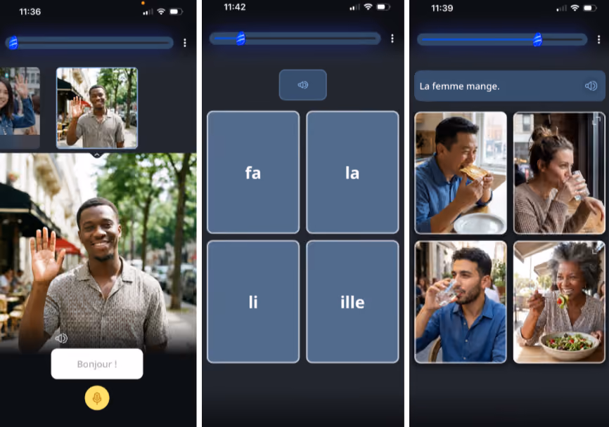 Rosetta Stone Sapphire lessons showing phrases being matched with AI-generated stock images