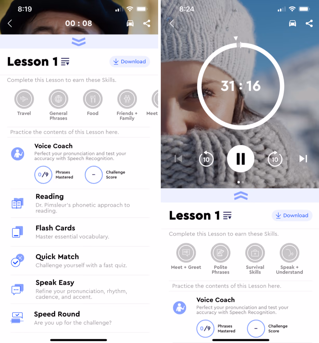 Pimsleur app lesson structure including a long audio lesson
