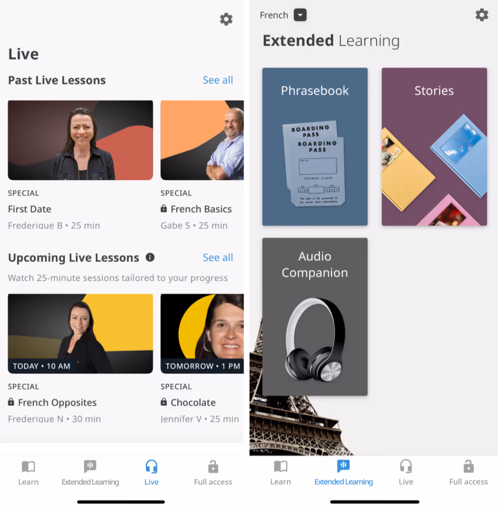 Live lessons and Extended Learning in Rosetta Stone practice