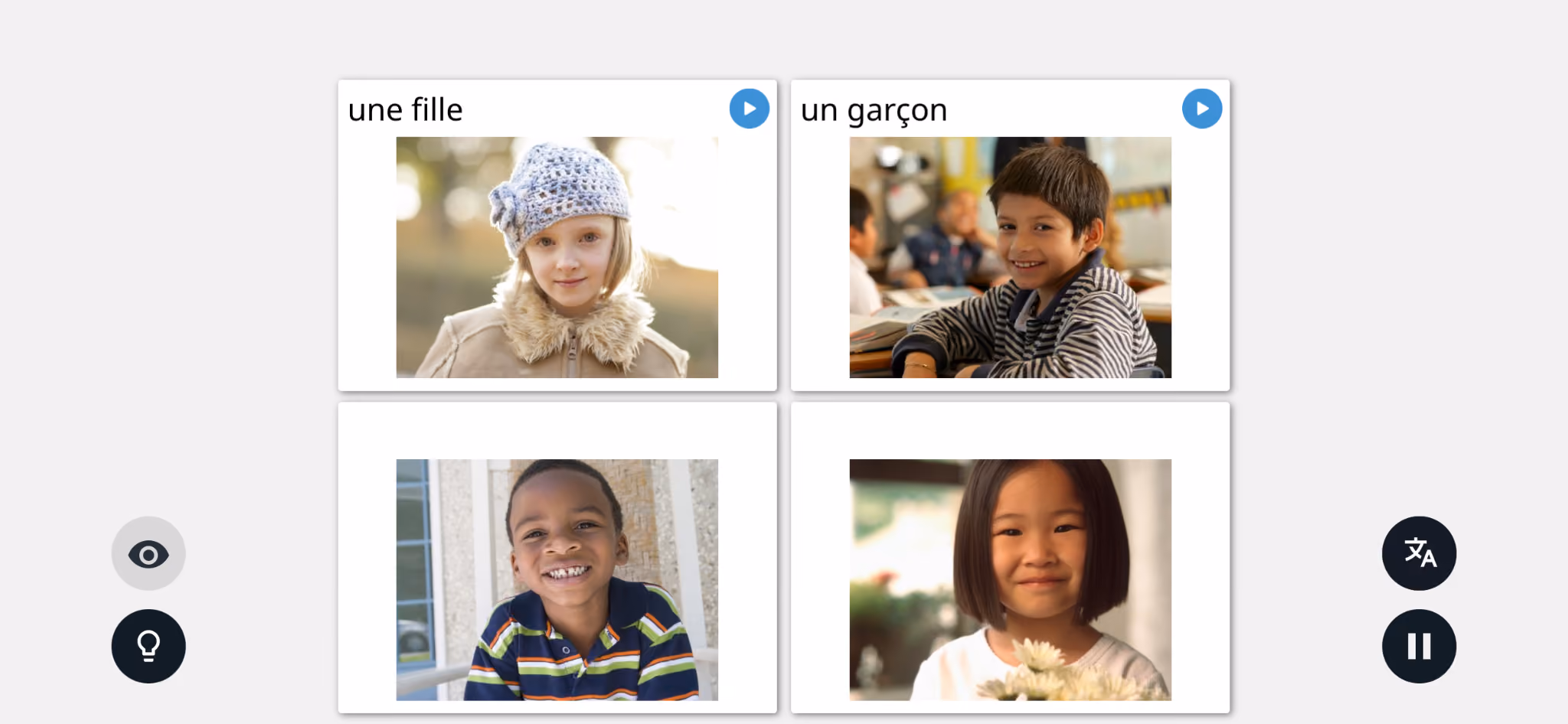 Rosetta Stone French lesson showing basic vocabulary being matched with stock photos