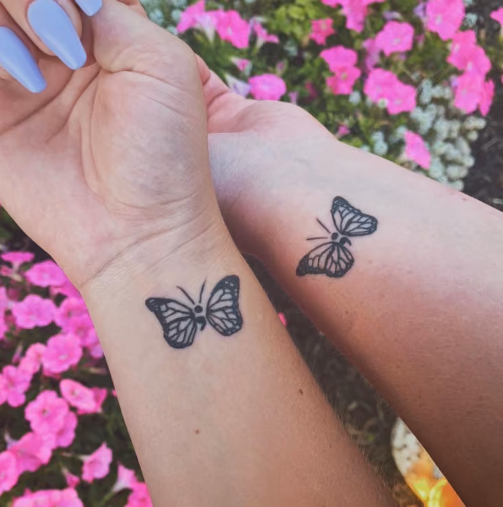 matching mental health tattoos that offer a creative take on the semicolon tattoo by turning the mark into a butterfly
