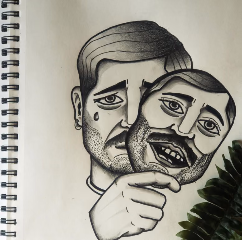classic style tattoo featuring a sad man removing the mask of a happy face