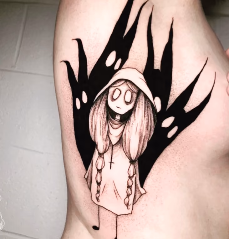 sketchy tattoo of a girl in a white cloak surrounded by the looming shadows of demons or horrors that haunt her
