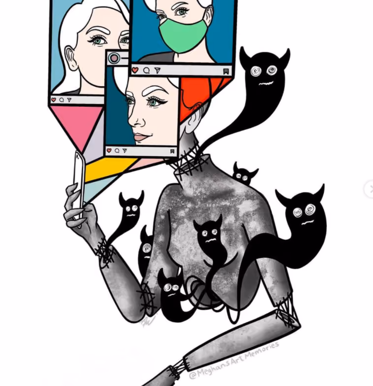 figure tattoo concept art with colorful social media popups in front of her face and demons swirling around her