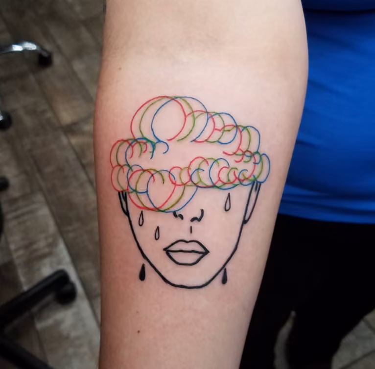 line art tattoo of a face with tears on its cheeks and the eyes and top of the head obscured but a swirling, tricolor cloud