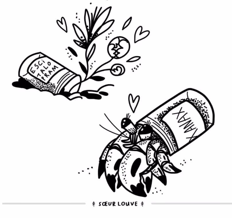 tattoo concept art featuring mental health medication bottles that have been repurposed into cute, affirming designs like one has plants sprouting from it and the other is the shell for a cute hermit crab