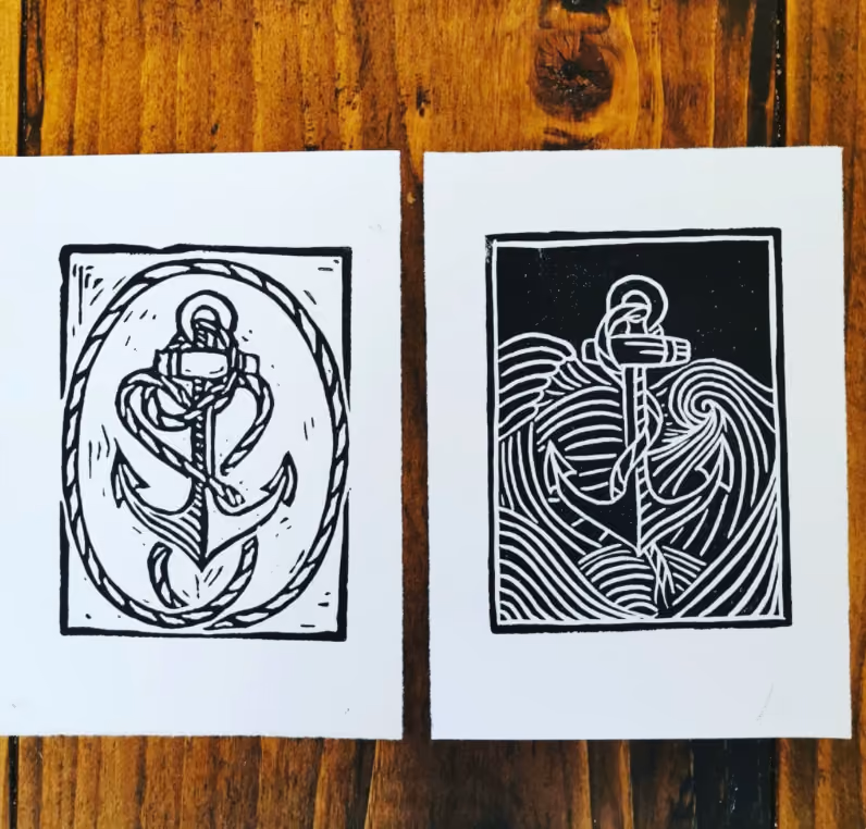 light and dark linoleum cut anchor designs