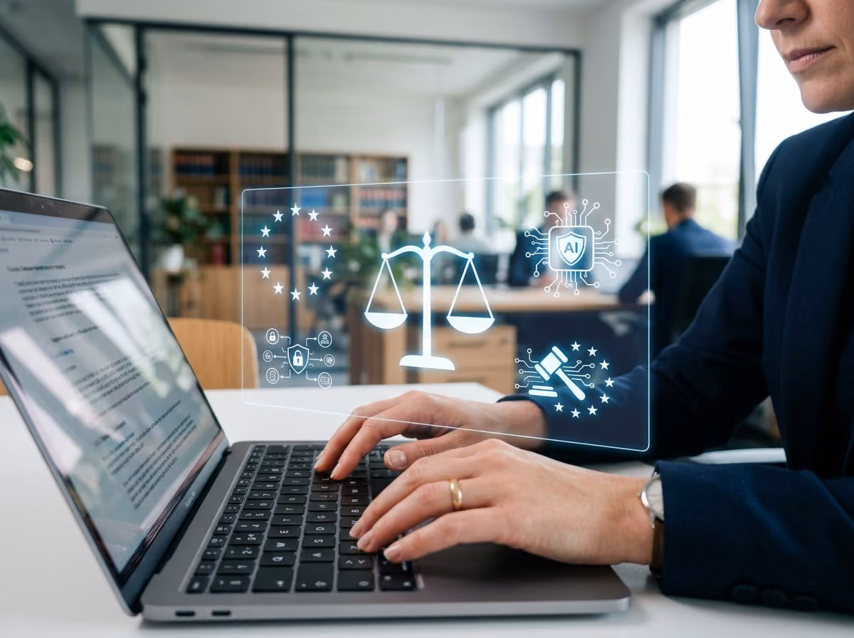 A woman in a business suit is focused on typing on her laptop in a professional setting. 