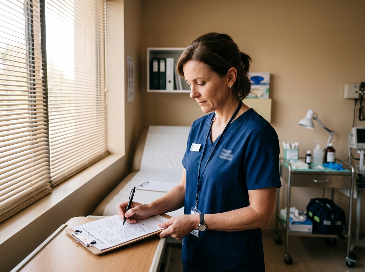 A nurse in scrubs writes notes on a clipboard while standing in a hospital room.