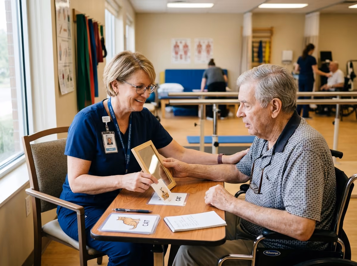 A nurse and an elderly man are seated at a table, engaged in a conversation, with a warm and supportive atmosphere.