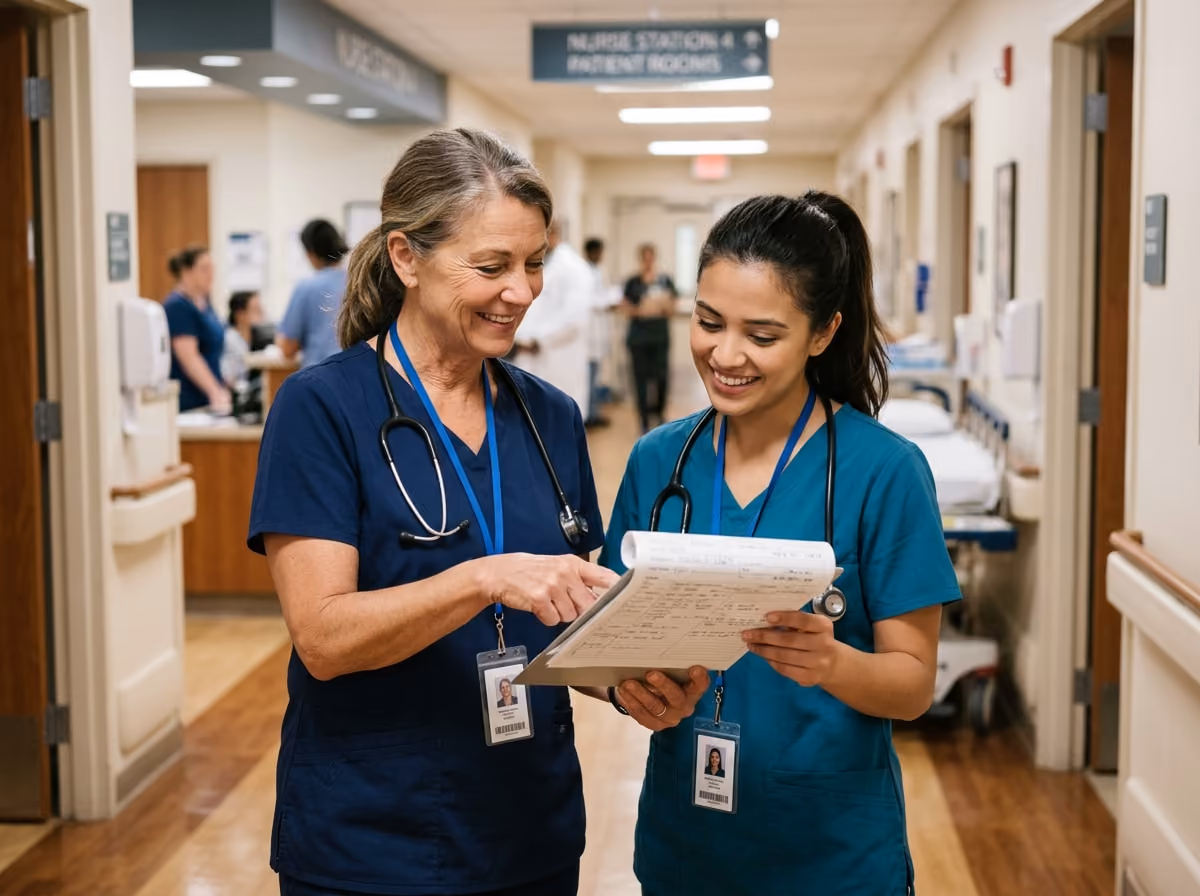 Two nurses in scrubs stand in a hallway, reviewing a clipboard together with focused expressions. 