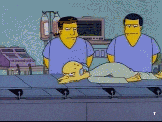 Mr. Burns from the Simpsons on a conveyor belt, receiving various check ups and health procedures